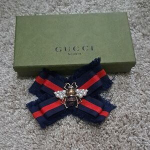 Gucci  Navy and Red Striped Bee Brooch